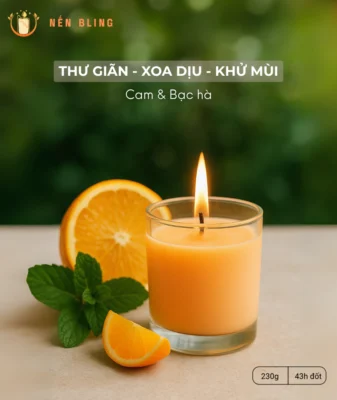 Nến thơm bạc hà & cam Chạm Nắng Hạ 230g từ Nến Bling, hương thơm mát lành cho mùa hè, chiết xuất tinh dầu thiên nhiên